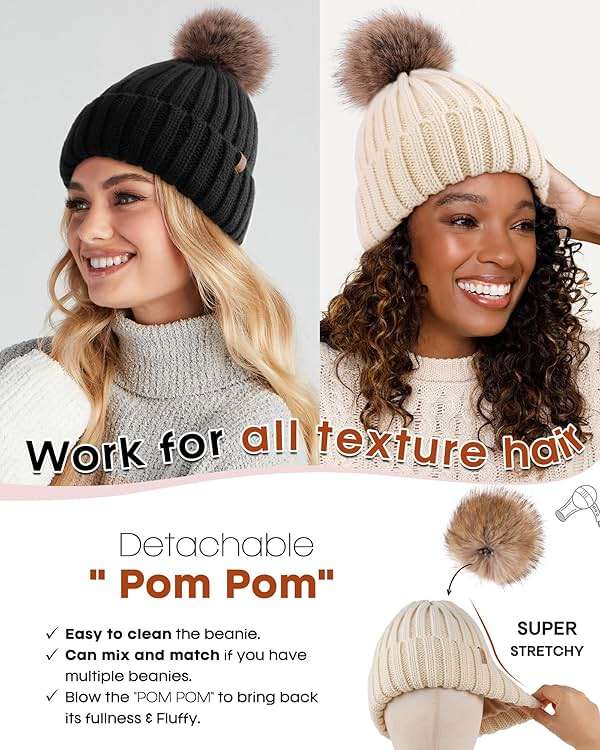 FURTALK Womens Winter Beanie Hat Satin Lined Faux Fur Pom Pom Beanies Hat for Women Winter Warm Knit Hats - Image 6