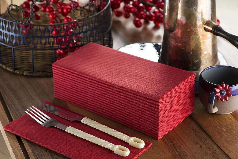 Red Paper Napkins | Linen Feel Guest Disposable Cloth Like Dinner Napkins | Hand Towels | Soft, Absorbent, Paper Hand Napkins for Kitchen, Bathroom, Parties, Weddings, Dinners | 50 Pack - Image 2