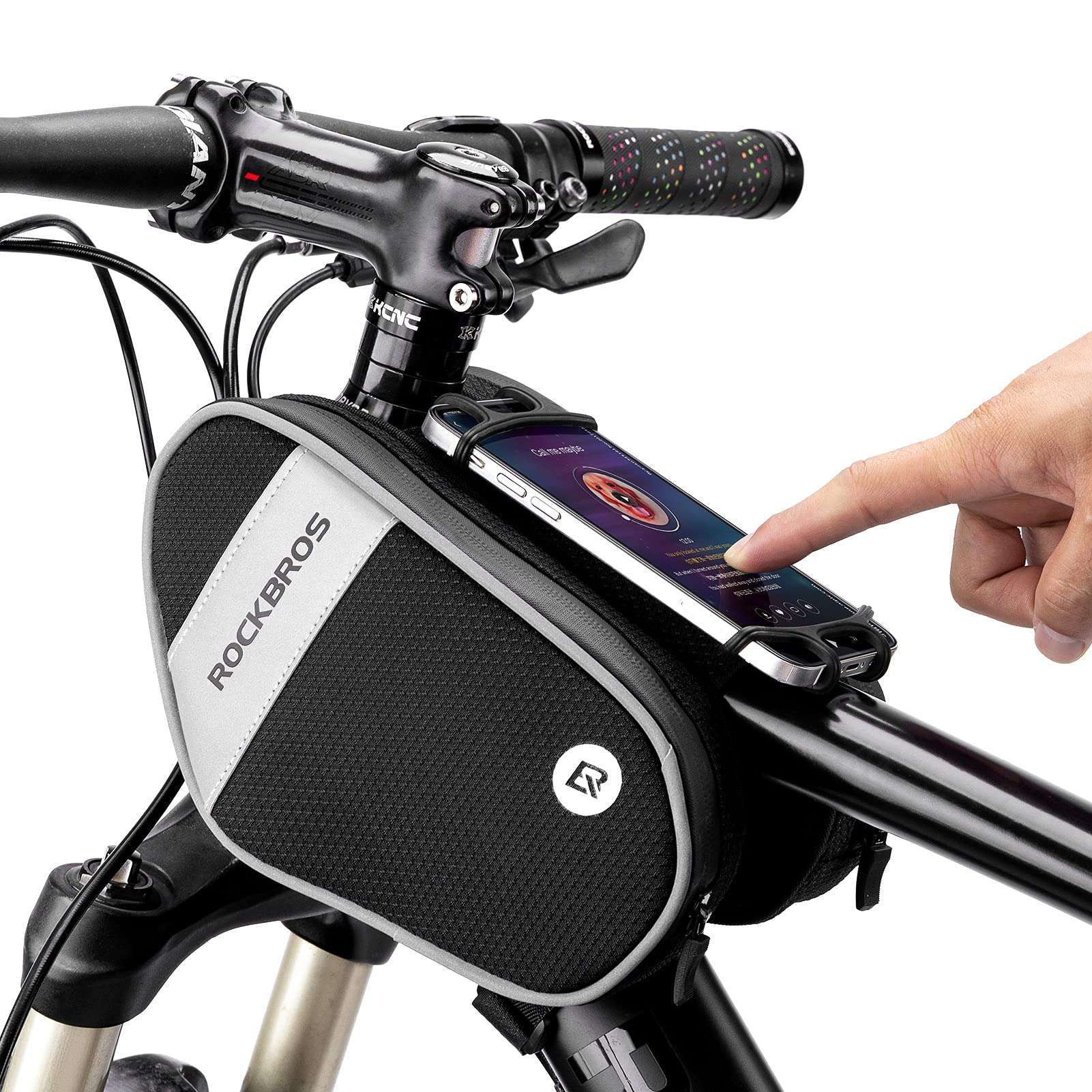 ROCKBROS Bike Front Frame Bag Top Tube Bike Phone Mount Bag Waterproof Bicycle Handlebar Cycling Accessories Pouch with 360° Rotation Phone Holder Fit Smartphone Below 7'' - Image 1