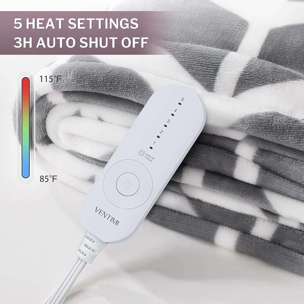 VENTIMI Electric Blanket Heated Throw, 50" x 60" Heated Blanket with 5 Heat Levels & 3 Hours Auto Off, Fast Heating Blankets with ETL & FCC Certification, Grey - Image 3