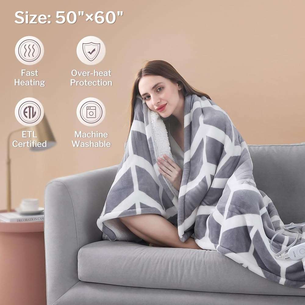 VENTIMI Electric Blanket Heated Throw, 50" x 60" Heated Blanket with 5 Heat Levels & 3 Hours Auto Off, Fast Heating Blankets with ETL & FCC Certification, Grey - Image 6