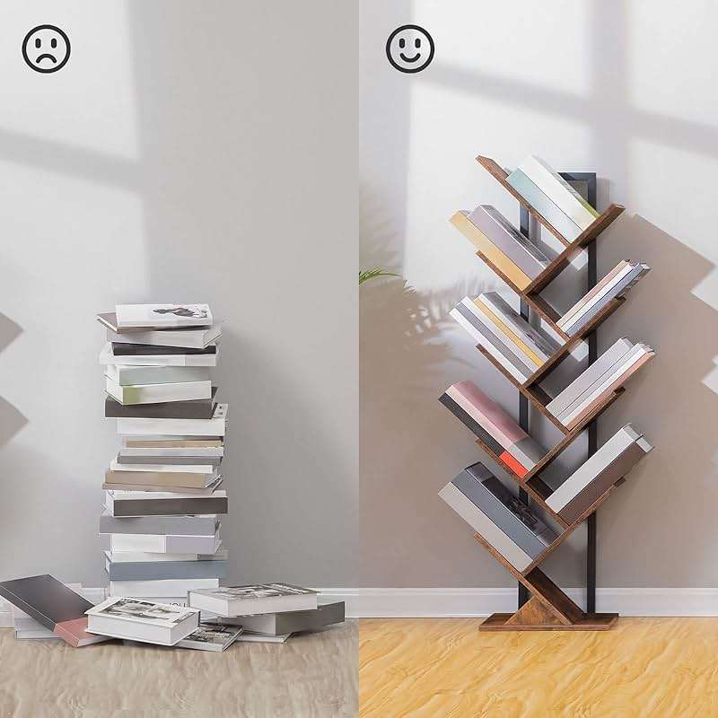 HOOBRO Tree Bookshelf, 9-Tier Bookcase Wooden Shelves, Floor Standing Storage Rack, for Display of CDs, Books in Living Room, Home Office, Wood Storage Rack for Bedroom, Rustic Brown BF08SJ01G1 - Image 6