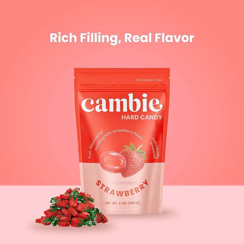 Strawberry Hard Candy Individually Wrapped by Cambie, 2 lbs of Strawberry Candy with a Deliciously Sweet Hard Exterior with a Soft, Fruit-Filled Center - Image 7