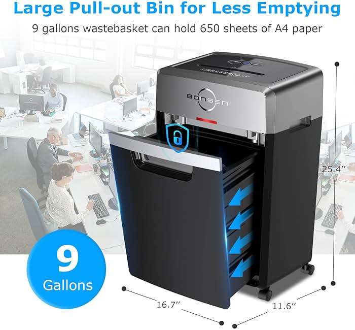 BONSEN Heavy Duty Paper Shredder, 24-Sheet Cross-Cut Shredder, 40-Min Continuous Running Time, Commercial Grade Shredder for Office, 9-Gallon Big Basket, 55dB Super Quiet, P-4 High Security (S3105) - Image 4
