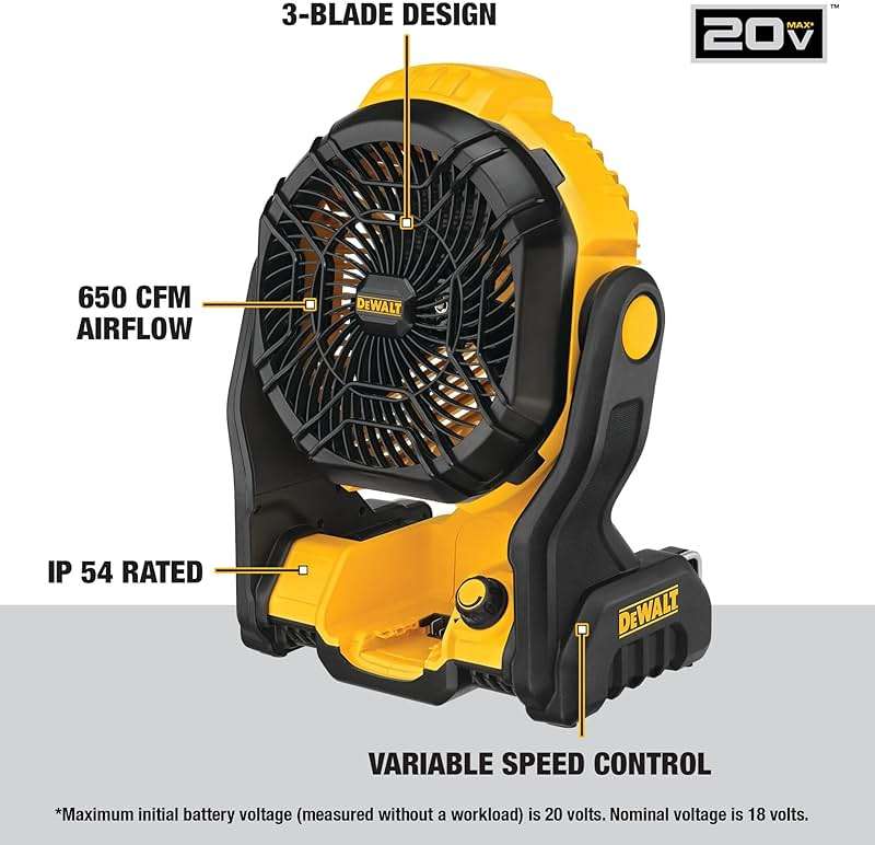 DEWALT 20V MAX Portable Fan, Battery Powered Rechargeable Cordless Shop Fan, Up to 4.5 Hrs Runtime, Variable Speed, 650 CFM, Tool Only (DCE512B) - Image 3
