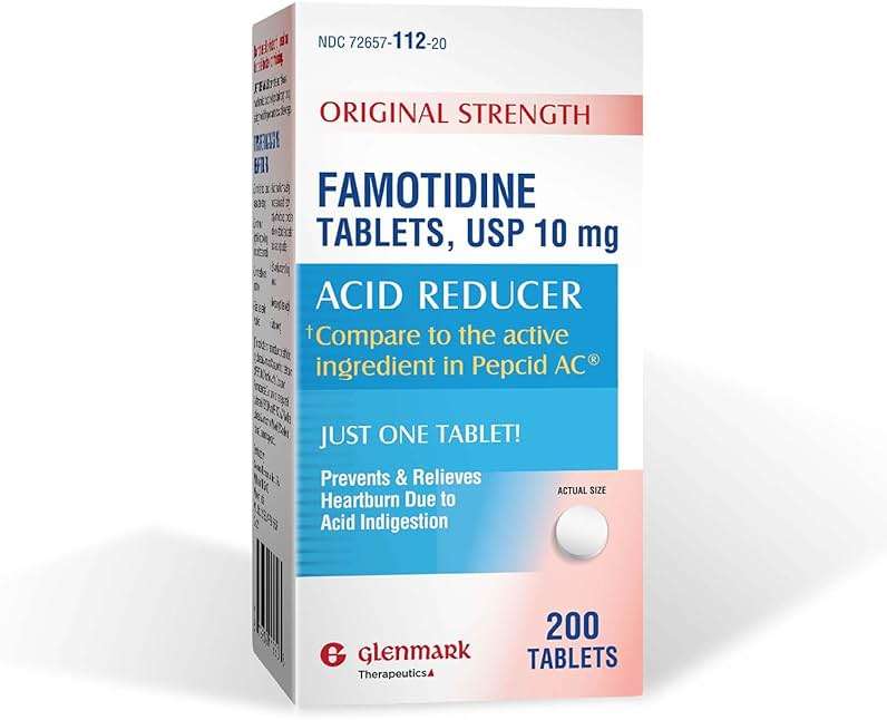 Glenmark Therapeutics Original Strength Famotidine Tablets, 10 mg, Acid Reducer for Heartburn Relief, 200 Count - Image 1