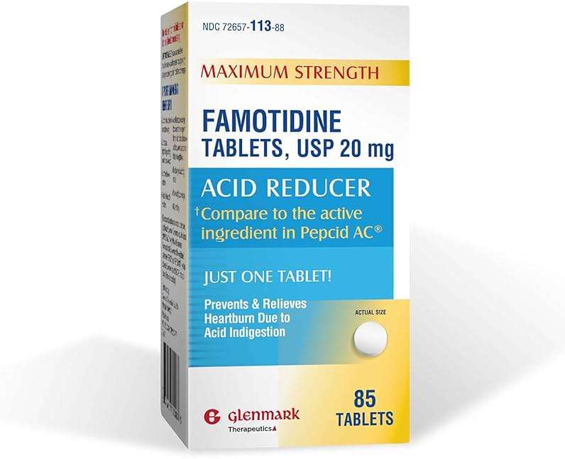 Glenmark Therapeutics Maximum Strength Famotidine Tablets, 20 mg, Acid Reducer for Heartburn Relief, 85 Count - Image 1