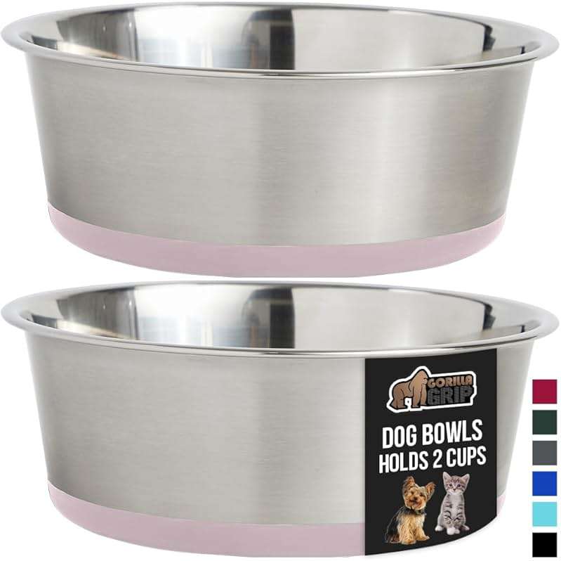 GORILLA GRIP Dog Bowls, Food Grade 304 Stainless Steel, Holds 2 Cups Each (16 fl oz) Food and Water Bowl for Feeding Dogs and Cats, Dishwasher Safe, Rust Resistant, BPA Free Rubber Base Set of 2 Pink - Image 1