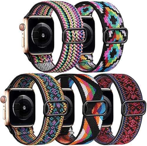 Easuny 5 Pack Stretchy Bands Compatible with Apple Watch 40mm 41mm 42mm 38mm 44mm 45mm 46mm Women, Elastic Fabric Nylon Strap Wristband for iWatch SE 3 2 1 Series 11 10 9 8 7 6 5 4 3 Boho Solo Loop - Image 1