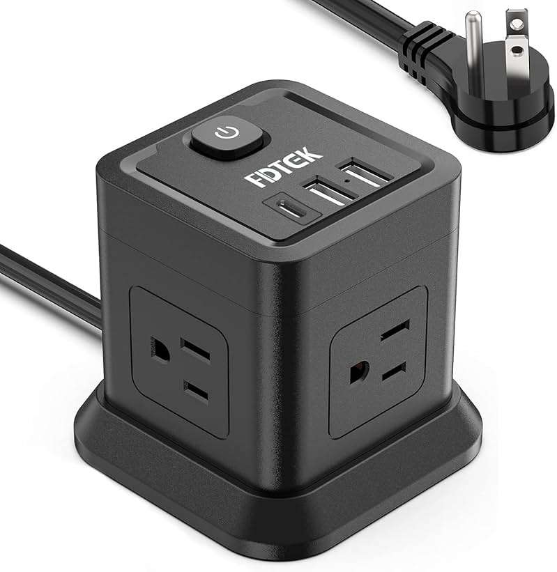 Power Strip with USB C, FDTEK Flat Plug Extension Cord with 4 Outlets and 3 USB Ports 10 FT Desk Power Strip Cube Overload Protection Compact Portable for Travel Home Office Cruise Ship - Black - Image 1