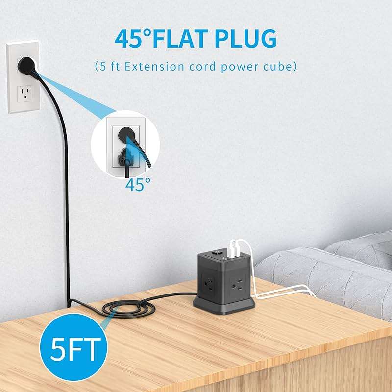 Power Strip with USB C, FDTEK Flat Plug Extension Cord with 4 Outlets and 3 USB Ports 10 FT Desk Power Strip Cube Overload Protection Compact Portable for Travel Home Office Cruise Ship - Black - Image 3