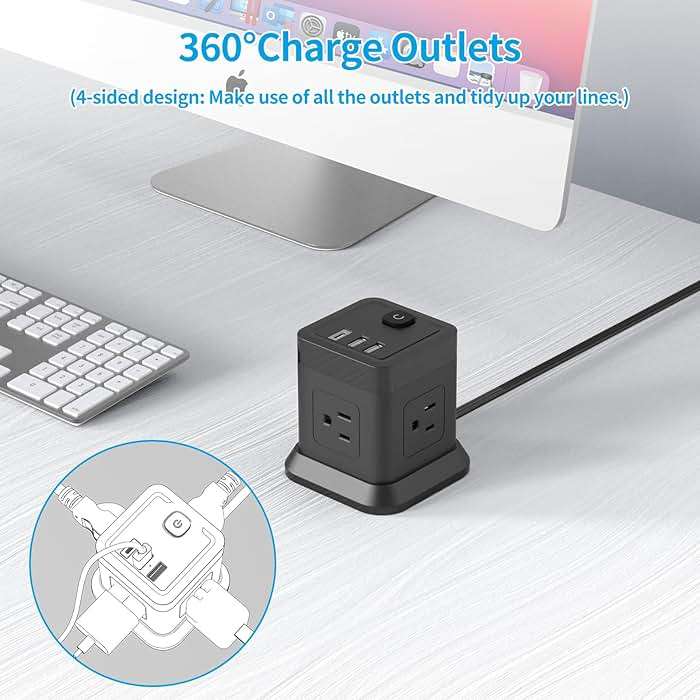 Power Strip with USB C, FDTEK Flat Plug Extension Cord with 4 Outlets and 3 USB Ports 10 FT Desk Power Strip Cube Overload Protection Compact Portable for Travel Home Office Cruise Ship - Black - Image 4
