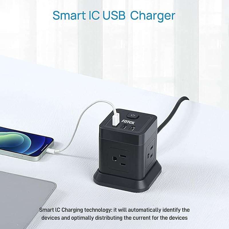Power Strip with USB C, FDTEK Flat Plug Extension Cord with 4 Outlets and 3 USB Ports 10 FT Desk Power Strip Cube Overload Protection Compact Portable for Travel Home Office Cruise Ship - Black - Image 5