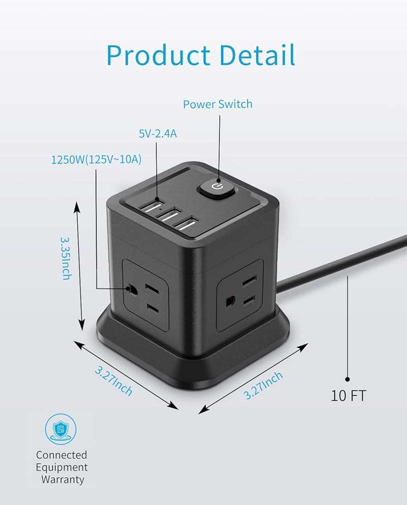 Power Strip with USB C, FDTEK Flat Plug Extension Cord with 4 Outlets and 3 USB Ports 10 FT Desk Power Strip Cube Overload Protection Compact Portable for Travel Home Office Cruise Ship - Black - Image 7