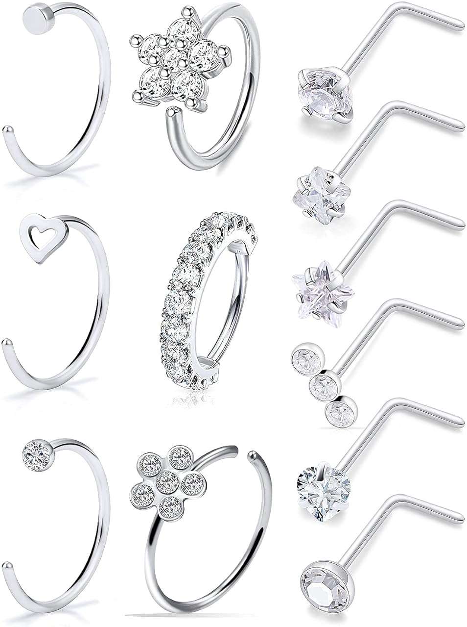 Ftovosyo 18G 20G Nose Rings Surgical Steel Nose Rings Hoop for Women Men Paved CZ Flower Nostril Piercing Jewelry L Shaped Nostril Ring Stud Set - Image 1