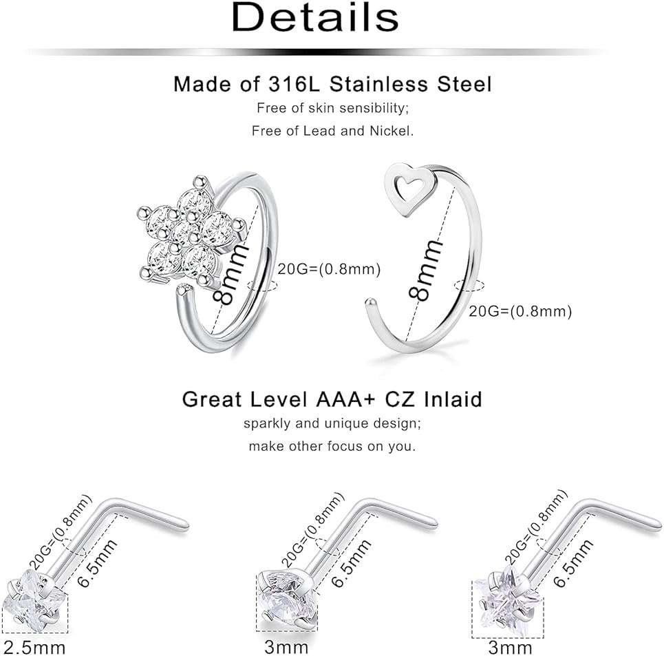Ftovosyo 18G 20G Nose Rings Surgical Steel Nose Rings Hoop for Women Men Paved CZ Flower Nostril Piercing Jewelry L Shaped Nostril Ring Stud Set - Image 2