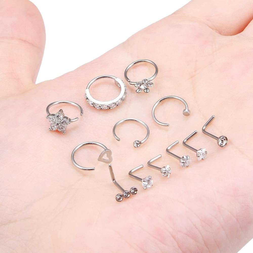Ftovosyo 18G 20G Nose Rings Surgical Steel Nose Rings Hoop for Women Men Paved CZ Flower Nostril Piercing Jewelry L Shaped Nostril Ring Stud Set - Image 5
