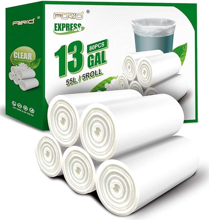 FORID 13 Gallon Trash Bags - Clear Plastic Garbage Bag Unscented Tall Medium Can Liners for Kitchen Office Home Waste Basket 5 Roll 55 Liters 80 Counts - Image 1