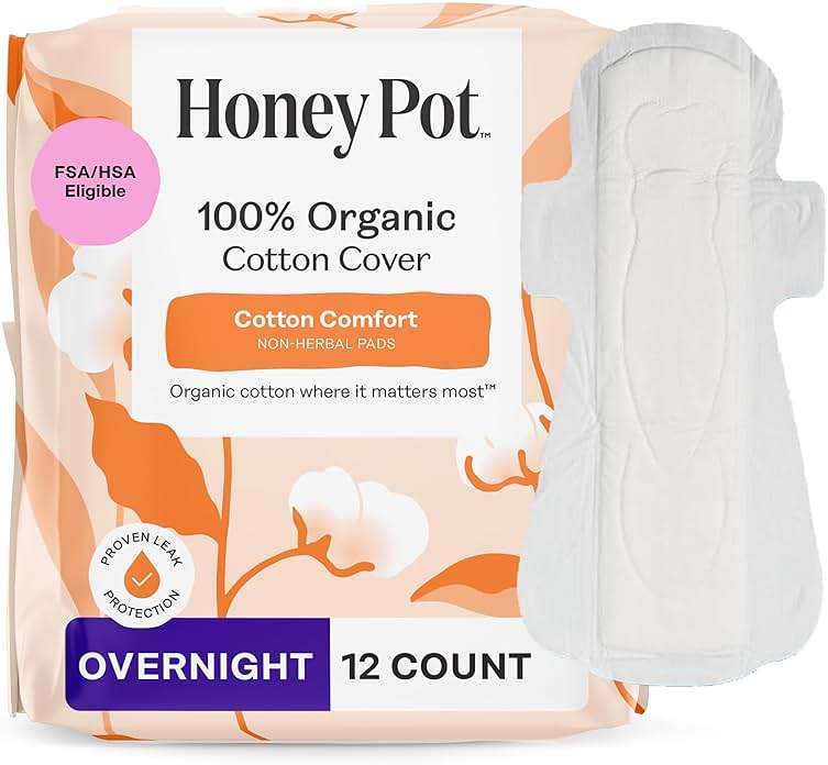 The Honey Pot Company - Sanitary Pads for Women - Non-Herbal Overnight w/Wings - Organic Cotton Cover, & Ultra-Absorbent Pulp Core - Feminine Care - 12 ct - Image 1