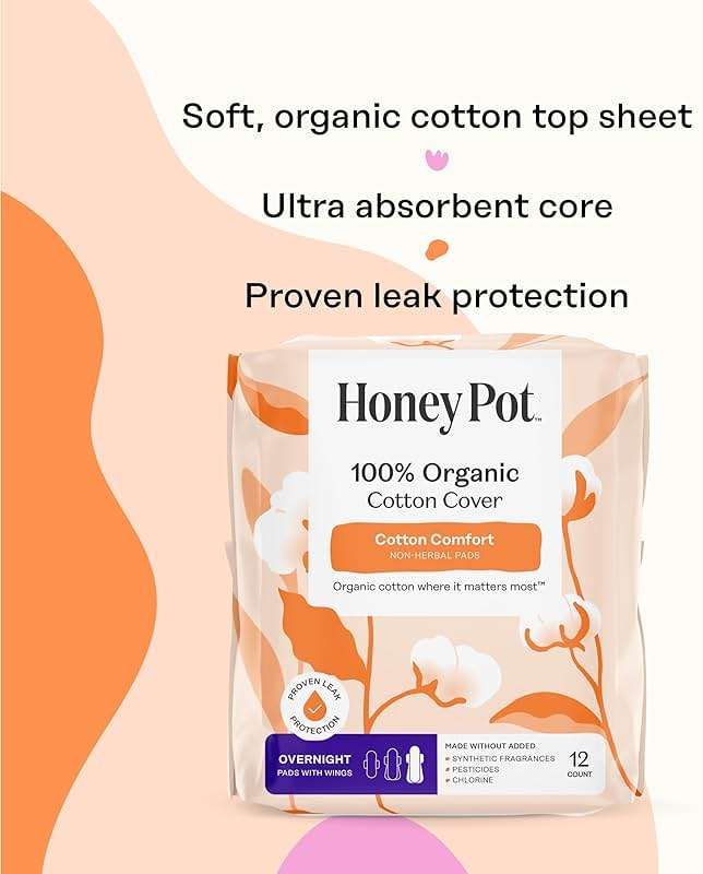 The Honey Pot Company - Sanitary Pads for Women - Non-Herbal Overnight w/Wings - Organic Cotton Cover, & Ultra-Absorbent Pulp Core - Feminine Care - 12 ct - Image 4