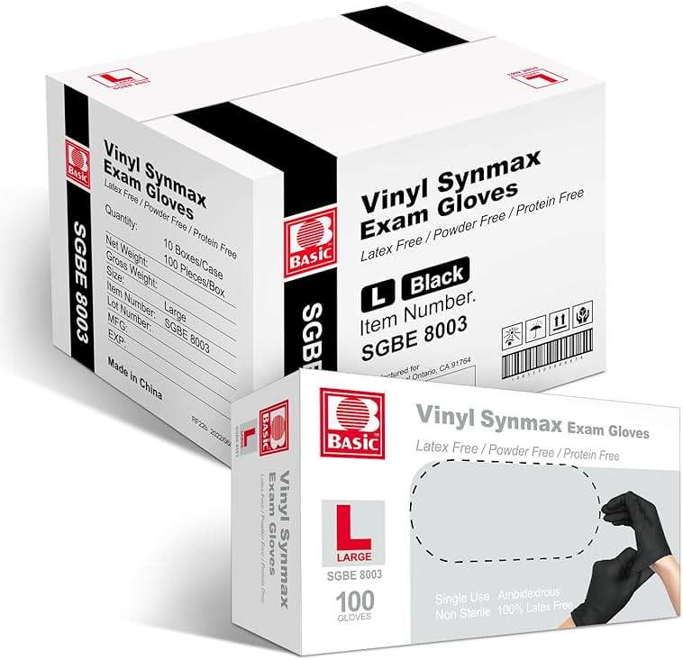 Basic Disposable Medical Synmax Vinyl Exam Gloves - 4 mil Safty Glove 1000pcs - Latex-Free & Powder - SGBE 8003, Large (Case of 1000, Black) - Image 1