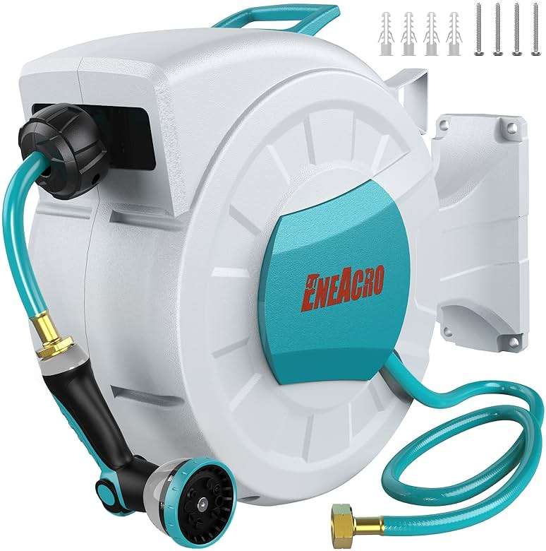 ENEACRO Retractable Garden Hose Reel with Wall Mount 1/2"×100ft with 10 Pattern Hose Nozzle, Brass Connector, Auto Rewind/Any Length Lock/ 180° Swivel Bracket, Ideal for Garden Watering - Image 1