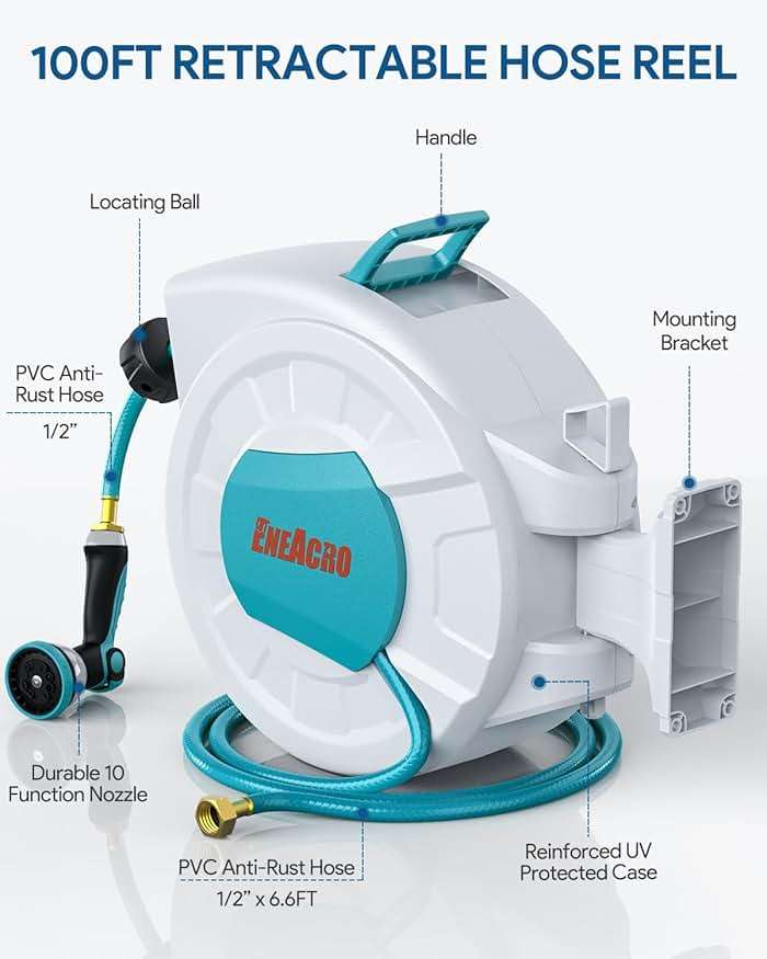 ENEACRO Retractable Garden Hose Reel with Wall Mount 1/2"×100ft with 10 Pattern Hose Nozzle, Brass Connector, Auto Rewind/Any Length Lock/ 180° Swivel Bracket, Ideal for Garden Watering - Image 2