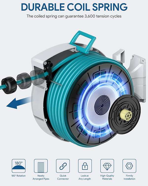 ENEACRO Retractable Garden Hose Reel with Wall Mount 1/2"×100ft with 10 Pattern Hose Nozzle, Brass Connector, Auto Rewind/Any Length Lock/ 180° Swivel Bracket, Ideal for Garden Watering - Image 5