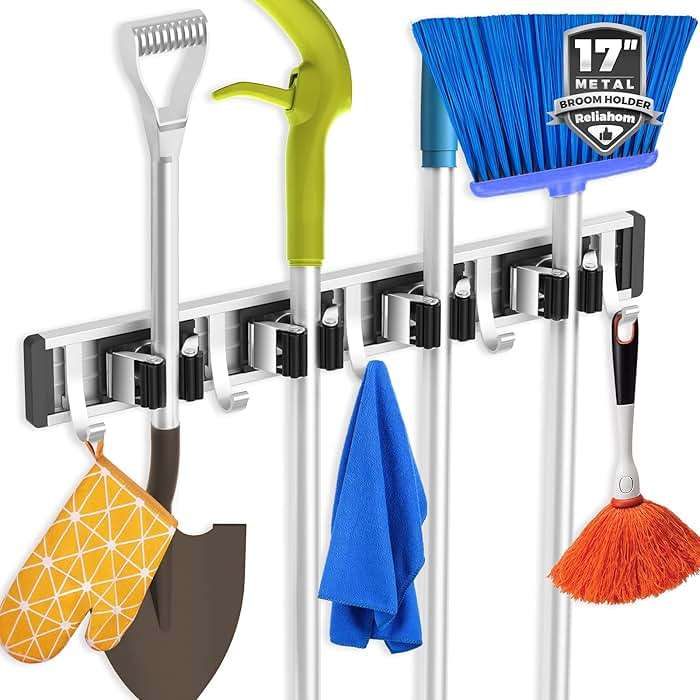 reliahom Broom Holder Wall Mount, 4 Racks with 5 Hooks Black - Mop Storage Tool Racks, Broom Hanger Tool Organizer for Garage, Kitchen, Garden, Laundry Room - Image 1