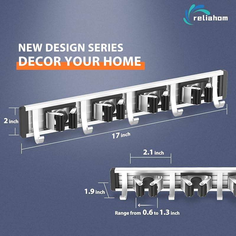 reliahom Broom Holder Wall Mount, 4 Racks with 5 Hooks Black - Mop Storage Tool Racks, Broom Hanger Tool Organizer for Garage, Kitchen, Garden, Laundry Room - Image 2