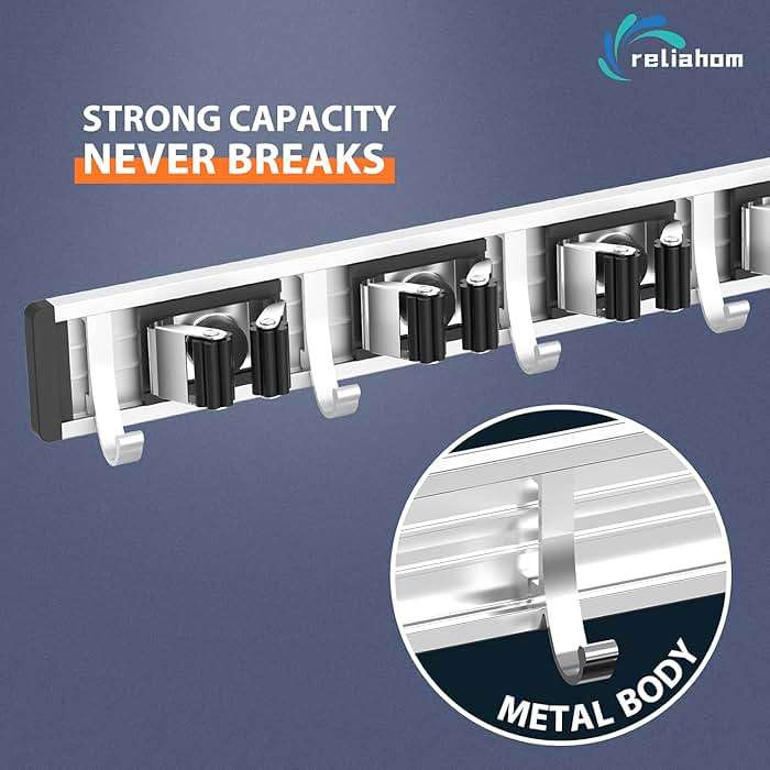 reliahom Broom Holder Wall Mount, 4 Racks with 5 Hooks Black - Mop Storage Tool Racks, Broom Hanger Tool Organizer for Garage, Kitchen, Garden, Laundry Room - Image 3