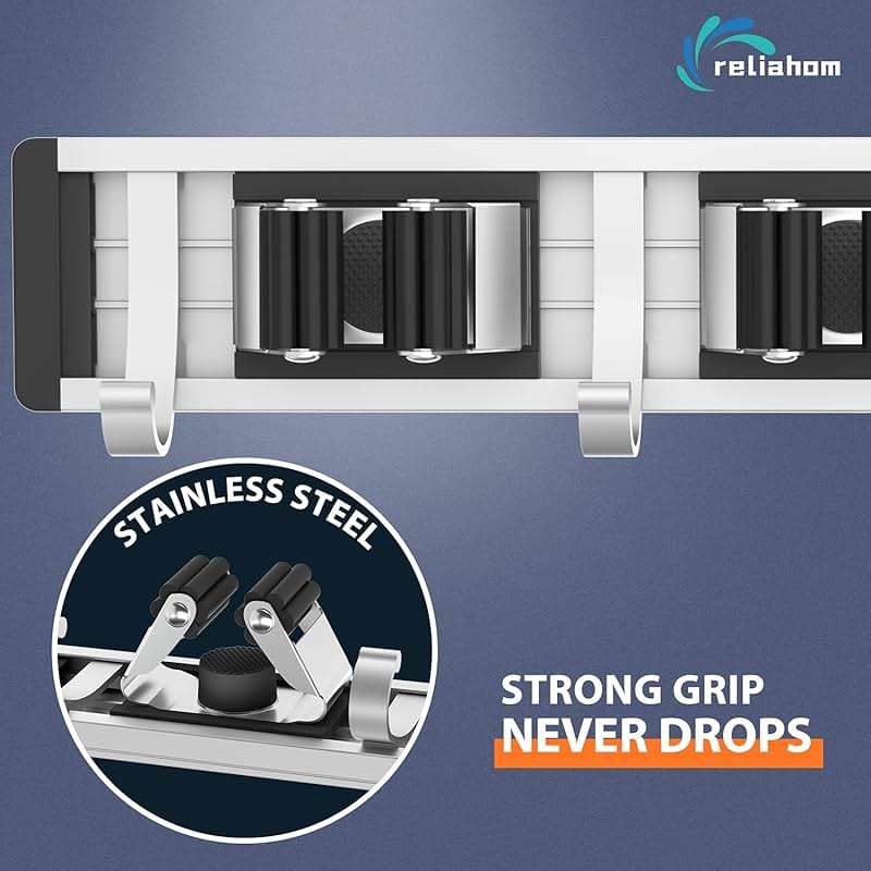reliahom Broom Holder Wall Mount, 4 Racks with 5 Hooks Black - Mop Storage Tool Racks, Broom Hanger Tool Organizer for Garage, Kitchen, Garden, Laundry Room - Image 4