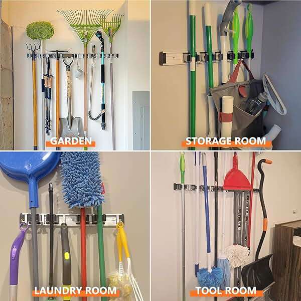 reliahom Broom Holder Wall Mount, 4 Racks with 5 Hooks Black - Mop Storage Tool Racks, Broom Hanger Tool Organizer for Garage, Kitchen, Garden, Laundry Room - Image 6