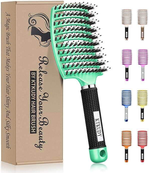 KTKUDY Detangling Brush Boar Bristles Hairbrush Make Hair Shiny & Healthier Curved and Vented Detangler Brush for Women Men Kids Wet & Dry Hair (Light green) - Image 1
