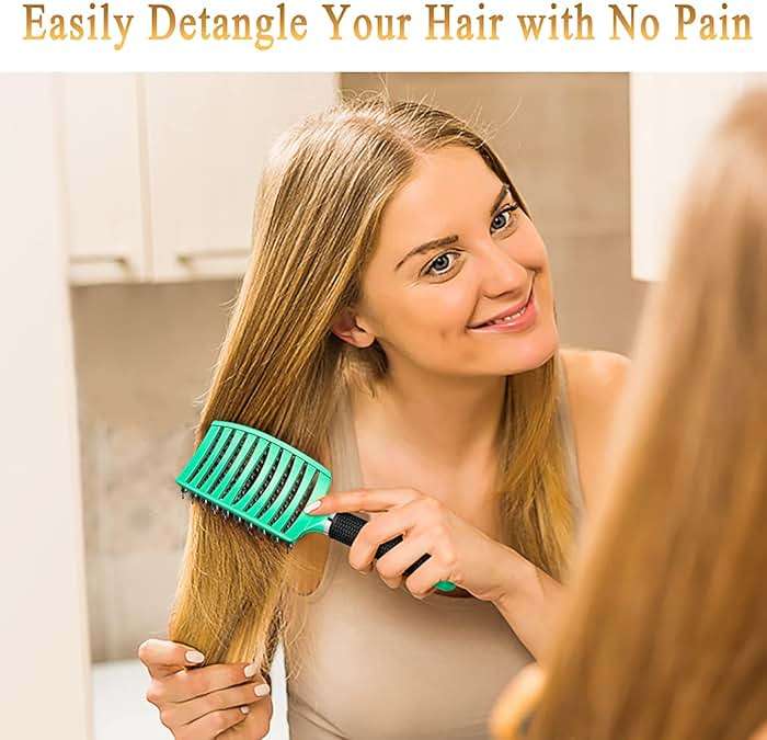 KTKUDY Detangling Brush Boar Bristles Hairbrush Make Hair Shiny & Healthier Curved and Vented Detangler Brush for Women Men Kids Wet & Dry Hair (Light green) - Image 4