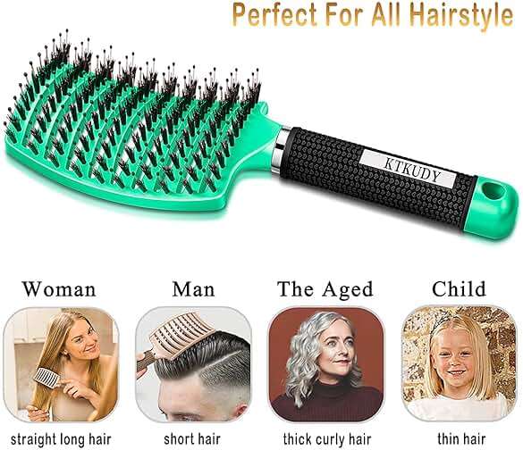 KTKUDY Detangling Brush Boar Bristles Hairbrush Make Hair Shiny & Healthier Curved and Vented Detangler Brush for Women Men Kids Wet & Dry Hair (Light green) - Image 5