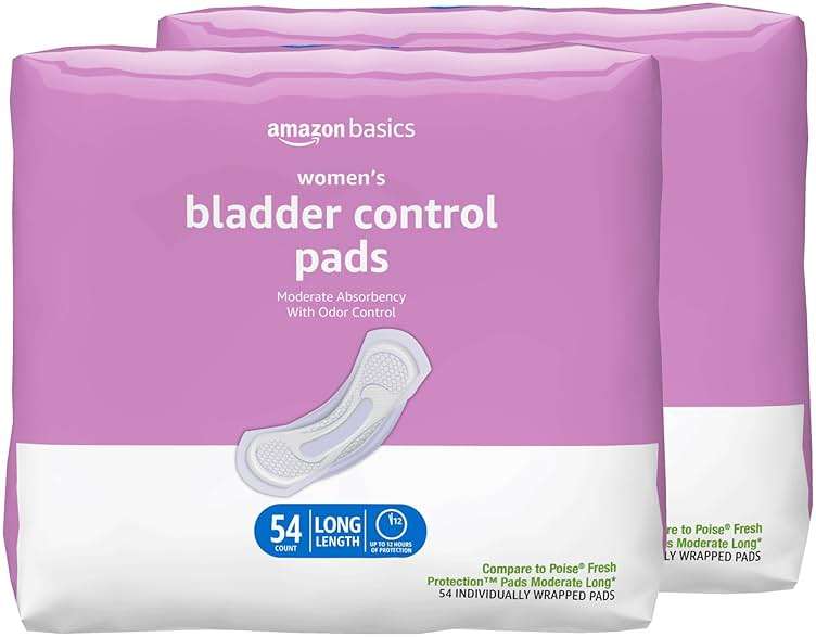 Amazon Basics Incontinence Pads for Women, Postpartum, Long, Bladder Control, Moderate Absorbency, Unscented, 108 Count (2 Packs of 54) - Image 1