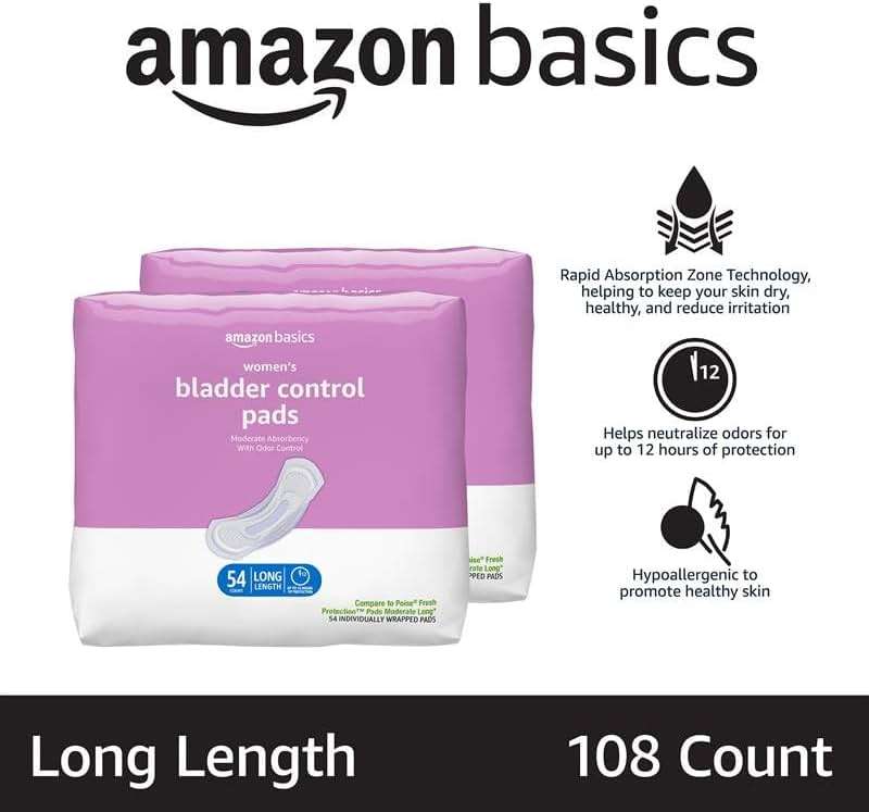 Amazon Basics Incontinence Pads for Women, Postpartum, Long, Bladder Control, Moderate Absorbency, Unscented, 108 Count (2 Packs of 54) - Image 2