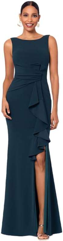 Betsy & Adam Women's Long Bodycon Sleeveless Boat Neck Evening Gown with Side Slit Ruffle - Image 1