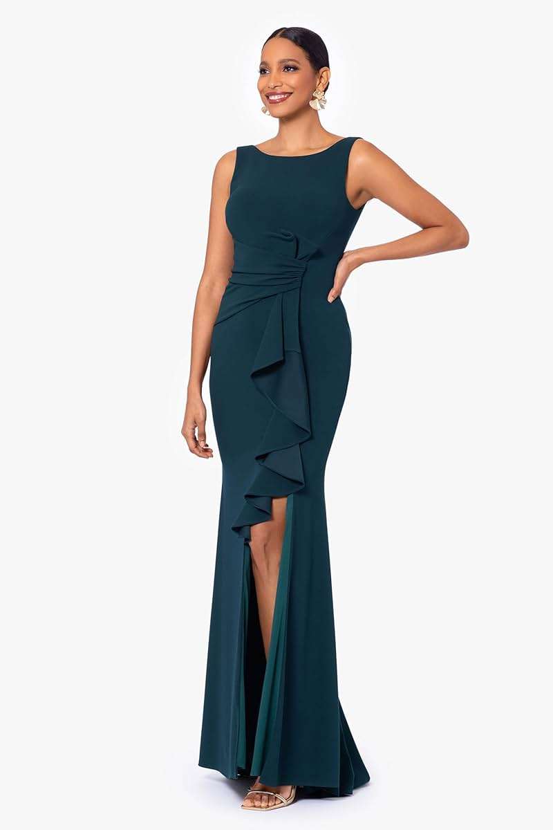 Betsy & Adam Women's Long Bodycon Sleeveless Boat Neck Evening Gown with Side Slit Ruffle - Image 2