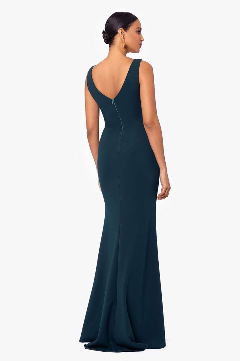 Betsy & Adam Women's Long Bodycon Sleeveless Boat Neck Evening Gown with Side Slit Ruffle - Image 3