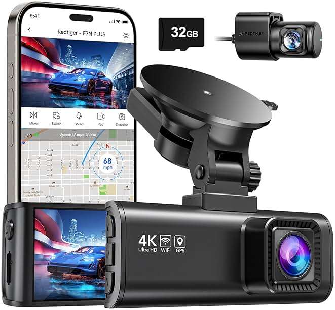 REDTIGER 4K Dash Cam Front Rear, STARVIS 2 Sensor, Free Card Included, 5.8GHz WiFi-20MB/s Fast Download, Dash Camera for Cars with GPS, WDR Night Vision, 170°Wide Angle, 24H Parking Mode(F7NP) - Image 1