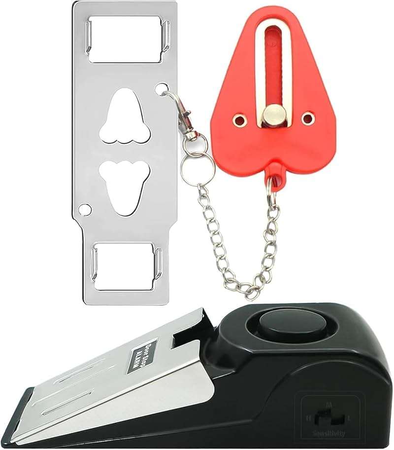 Portable Door Lock & Door Stop Alarm Set, Dual Protection Home Security Door Kit, Travel Hotel Lock Devices Pocket Self Defensey Tools for Traveling Hotel Home Apartment,Red - Image 1