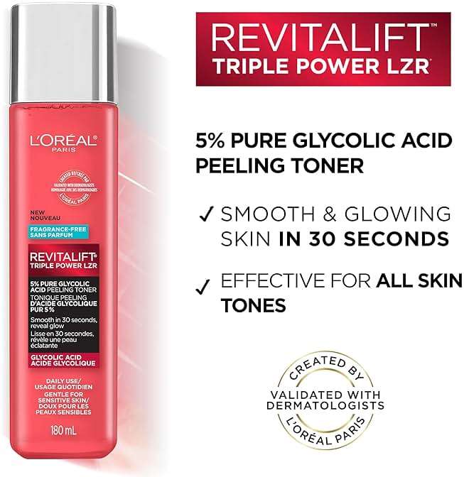 L'Oreal Paris Revitalift 5% Pure Glycolic Acid Peeling Toner with Aloe Vera, Alcohol Free, Fragrance Free 6 fl oz - Image 2