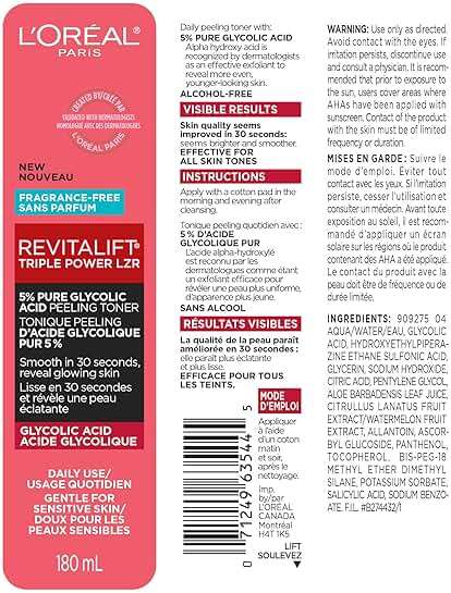 L'Oreal Paris Revitalift 5% Pure Glycolic Acid Peeling Toner with Aloe Vera, Alcohol Free, Fragrance Free 6 fl oz - Image 9