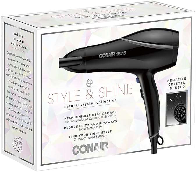 Conair Crystal Infused Ceramic Hair Dryer | Fast Drying Crystal Infused Ceramic Technology for Fine, Medium, Thick, and Curly Hair, Black, 190. - Image 6