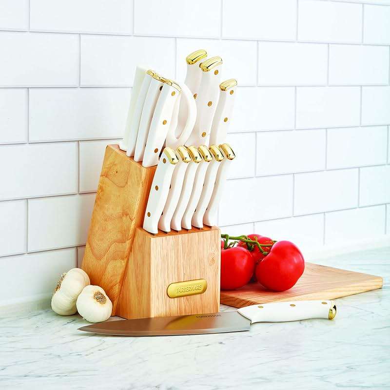 FARBERWARE 15-Piece Knife Block Set, Triple-Riveted High-Carbon Stainless Steel Kitchen Knives, Razor Sharp Blades, Wood Storage Block, White/gold - Image 2