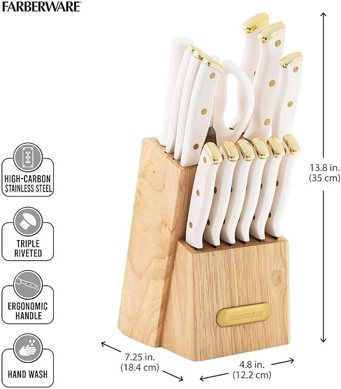 FARBERWARE 15-Piece Knife Block Set, Triple-Riveted High-Carbon Stainless Steel Kitchen Knives, Razor Sharp Blades, Wood Storage Block, White/gold - Image 3