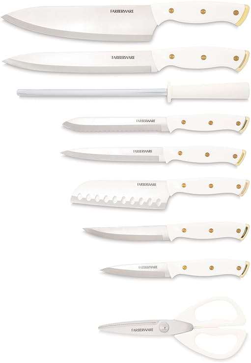 FARBERWARE 15-Piece Knife Block Set, Triple-Riveted High-Carbon Stainless Steel Kitchen Knives, Razor Sharp Blades, Wood Storage Block, White/gold - Image 4