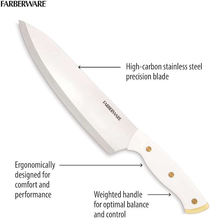 FARBERWARE 15-Piece Knife Block Set, Triple-Riveted High-Carbon Stainless Steel Kitchen Knives, Razor Sharp Blades, Wood Storage Block, White/gold - Image 5